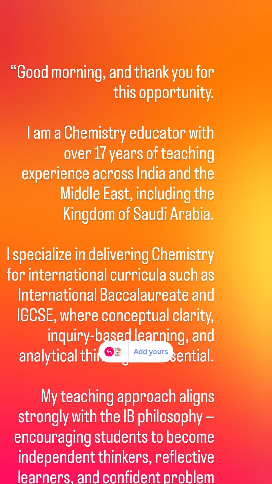 XIIth, XIth, Xth CBSE IB IGCSE Chemistry Classes by Abdul Wajid Abdul Majid Hyder